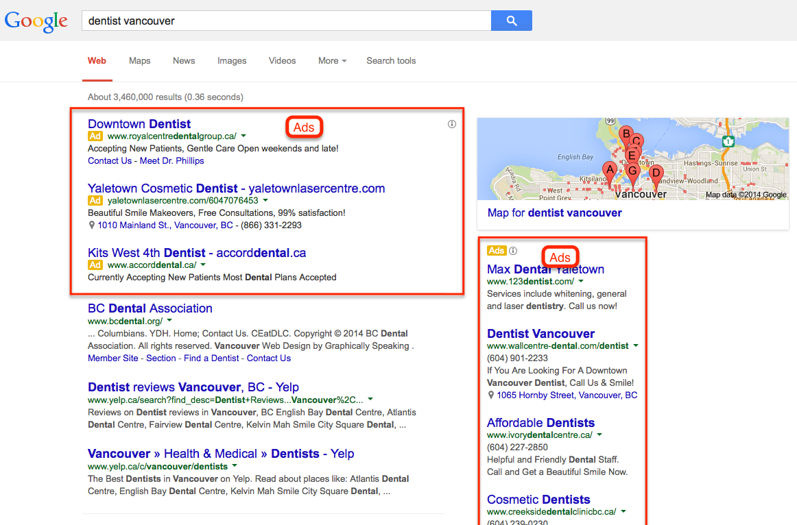 Search result showing Google Adwords